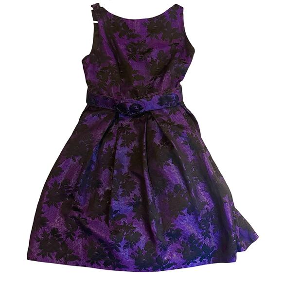 Kristin Davis Purple Black Floral Brocade A-Line Party Dress | Size 10 | Pockets - Picture 3 of 8
